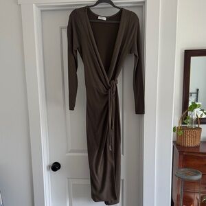 Babaton Olive Long Sleeve Wrap Dress